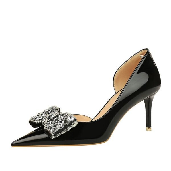BIG TREE SHOES 638-Ah20 Korean Style Banquet Women's Shoes High Heel Low-Cut Pointed Toe Side Hollow Rhinestone Bow Pumps Women's High Heels