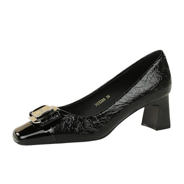 BIGTREE SHOES 5299-k91 European and American Style Fashion Business Ol Commuter Women's Shoes Color Matching Square Toe Low-Cut Metal Buckle Bow Pumps