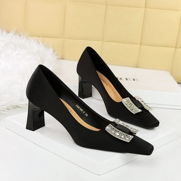 BIGTREE SHOES 6186-k70 European and American Style Banquet Light Luxury Women's Shoes Chunky Heel High Heel Low-Cut Square Toe Satin Rhinestone Buckle Pumps Women's Shoes