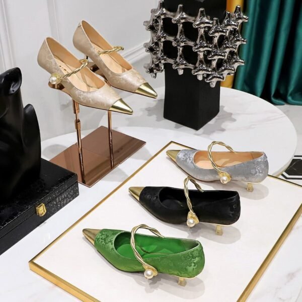 BIGTREE SHOES 237-23 National Style Women's Shoes Stiletto Heel Metal Heel Mid Heel Patchwork Assorted Colors Pointed Toe Shallow Mouth Strap Pearl Shoes Women