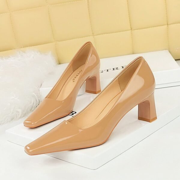 BIGTREE SHOES 6186-1 European and American Style Fashion Simple High Heel Chunky Heel Low-Cut Square Head Shiny Patent Leather Commuter's All-Matching Women's Thin Shoes