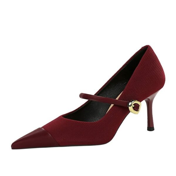 BIGTREE SHOES 9116-A3 Banquet High Heels Stiletto Low-Cut Pointed Corduroy Metal Buckle Ankle-Strap High Heel Pumps Women