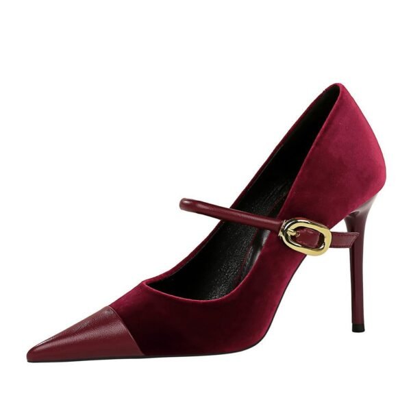 Bigtree Shoes 9116-1 Banquet High Heels Stiletto Heel Shallow Mouth Pointed Xi Shi Suede Stitching Pointed Toe Metal Buckle Ankle-Strap Shoes