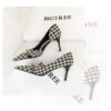 8829-A1 Korean version of high-heeled shallow-mouth pointed side hollow cloth plaid pearl metal chain houndstooth shoes