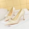 BIG TREE Shoes 886-1 European and American  Thinner Stiletto Heel Shallow Mouth Pointed-Toe Bowknot Pumps High Heels Women's Shoes