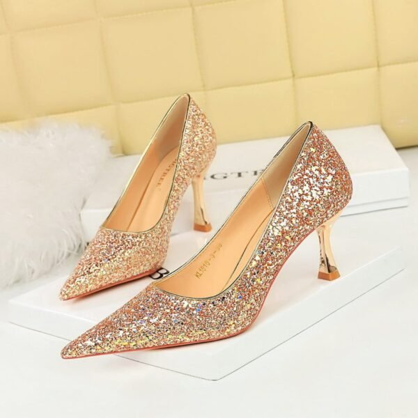 BIG TREE SHOES 1818-3 Korean Style Fashion Banquet High Heels Metal Heel High Heel Low-Cut Pointed Shining Sequin Cloth Pumps Women's Shoes