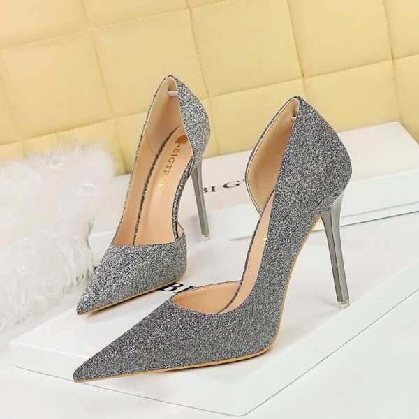 BIG TREE SHOES 1298-1 Retro European American Style High Heels Stiletto Heel Shallow Mouth Pointed Toe Side Hollow Shining Sequin Cloth Women's High Heel Shoes