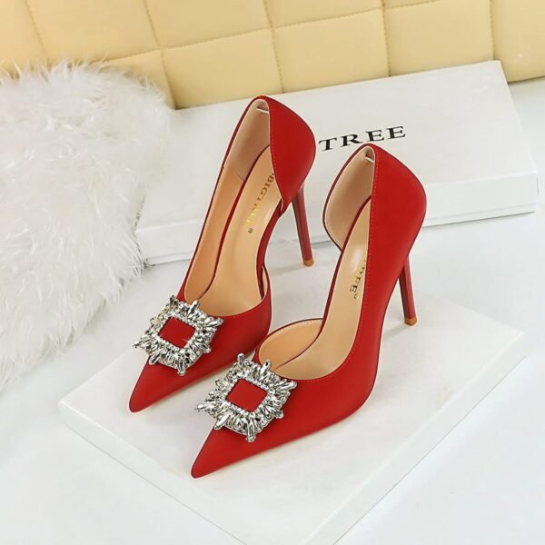 BIG TREE Shoes 626-K3 European and American Style Thinner Super High Heel Women's Shoes Stiletto Low-Cut Pointed-Toe Metal Rhinestone Buckle Side Empty Shoes