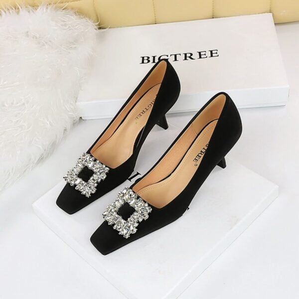 BIG TREE SHOES 6183-K20 Korean Style Women's Shoes Wine Cup Very High Very Low-Cut Square Toe Rhinestone Buckle New Spring and Autumn Shoes Women's High Heels