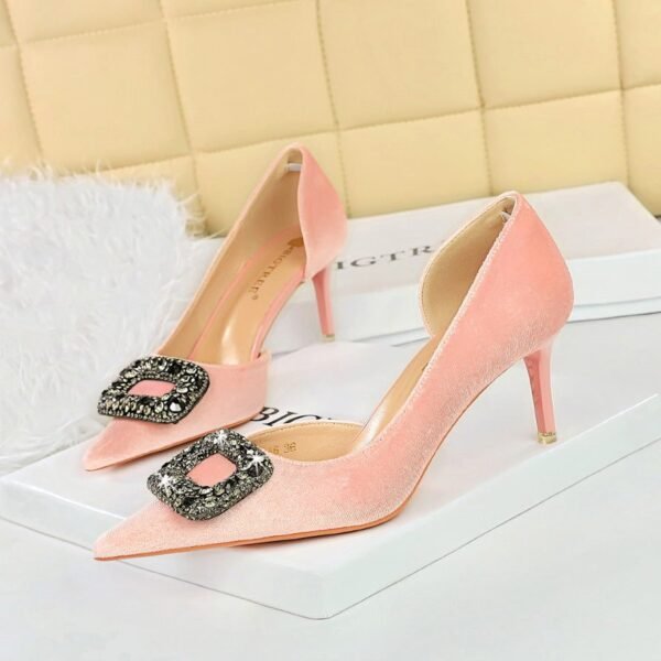 BIGTREE SHOES 1363-Ak83 Korean Style Banquet High Heel Xishi Suede Shallow Mouth Pointed Side Hollow Metal Rhinestone Buckle Pumps Women
