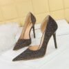 BIG TREE SHOES 1298-1 Retro European American Style High Heels Stiletto Heel Shallow Mouth Pointed Toe Side Hollow Shining Sequin Cloth Women's High Heel Shoes