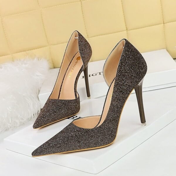 BIG TREE SHOES 1298-1 Retro European American Style High Heels Stiletto Heel Shallow Mouth Pointed Toe Side Hollow Shining Sequin Cloth Women's High Heel Shoes