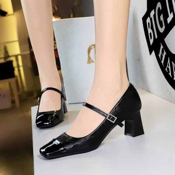 BIGTREE SHOES 5292 Retro European American Style Mid Heel Chunky Heel Low-Cut Stitching Square Head Rhinestone Buckle Ankle-Strap Shoes Spring and Autumn Women's Shoes