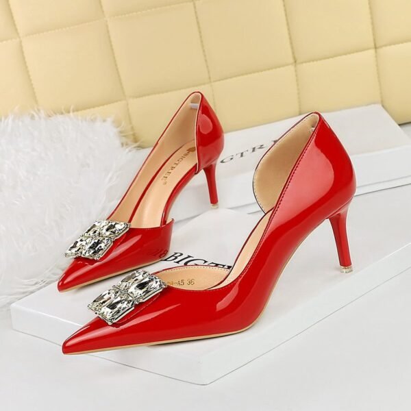 BIGTREE SHOES 638-Ak58 Korean Style Banquet Women's Shoes Stiletto Heel Shallow Mouth Pointed Patent Leather Side Hollow Square Rhinestone Buckle Pumps