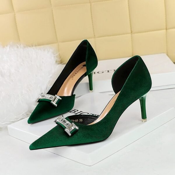 BIGTREE SHOES 1363-Ak80 Banquet High Heels Women's Shoes Stiletto Suede Shallow Mouth Pointed Side Hollow Metal Rhinestone Buckle Pumps