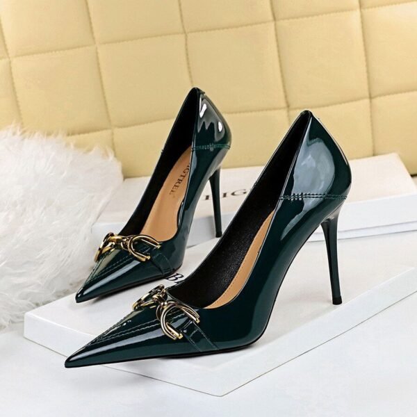 6122-7Women's high-heeled shoes, thin heel, bright finish, patent leather, shallow mouth, pointed OL high heel-Bigtree shoes