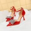 BIGTREE SHOES 8323-h20 Summer High Heels Women's Shoes Sping Sandal Pointed-Toe Hollowed Rhinestone Bow Ankle-Strap High Heel Sandals