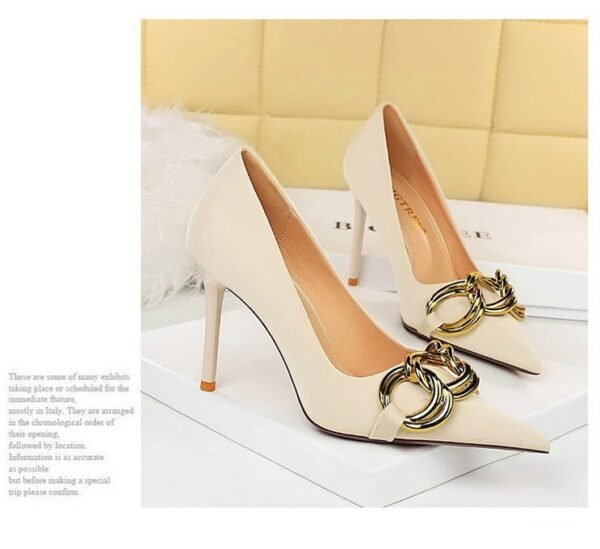 7239-1 European And American Fashion Slim Thin-heeled Super High-heeled Women's Shoes Shallow Pointed Big Metal Buckle Shoes
