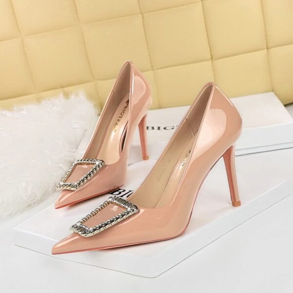 BIGTREE SHOES 6122-3 K66 Banquet High Heels Women's Shoes Stiletto Heel Patent Leather Low-Cut Pointed Toe Rhinestone Metal Buckle Pumps