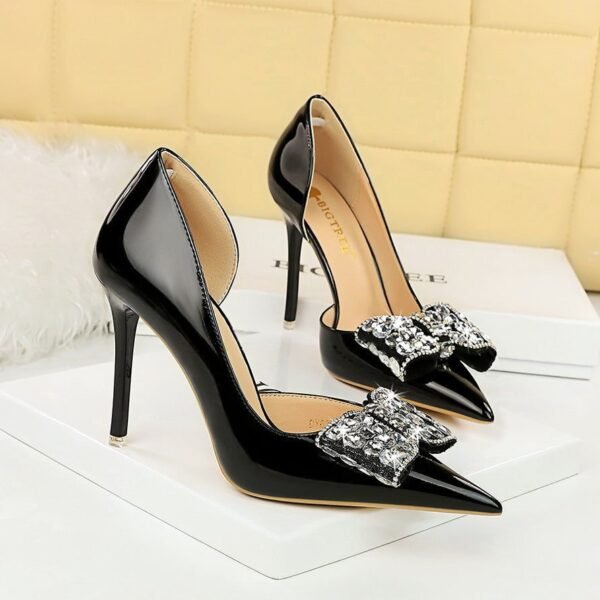 BIG TREE SHOES 638-H20 Korean Style Banquet High Heels Stiletto Low-Cut Pointed Side Hollow Patent Leather Rhinestone Bow Pumps Women