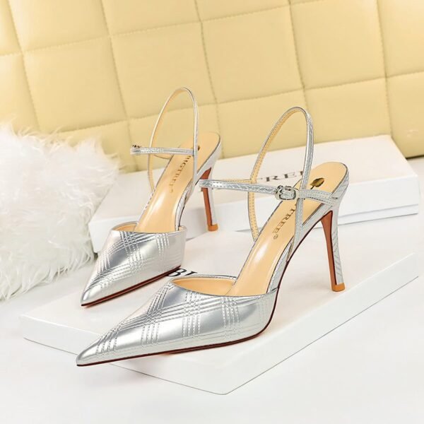 221-6 European and American Thinner Stiletto Heel Embroidery Thread Patent Leather Low-Cut Pointed Toe Hollow-out Strap Sandals