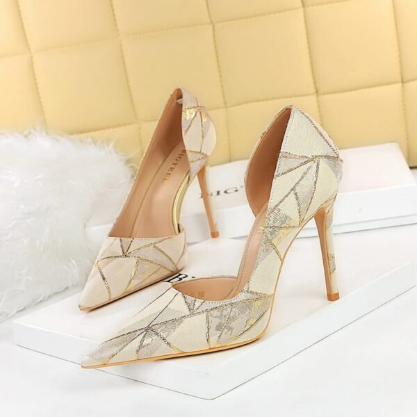 18185-5 European and American Style Stiletto Heel Cloth Shallow Mouth Pointed Side Hollow High Heels Pumps