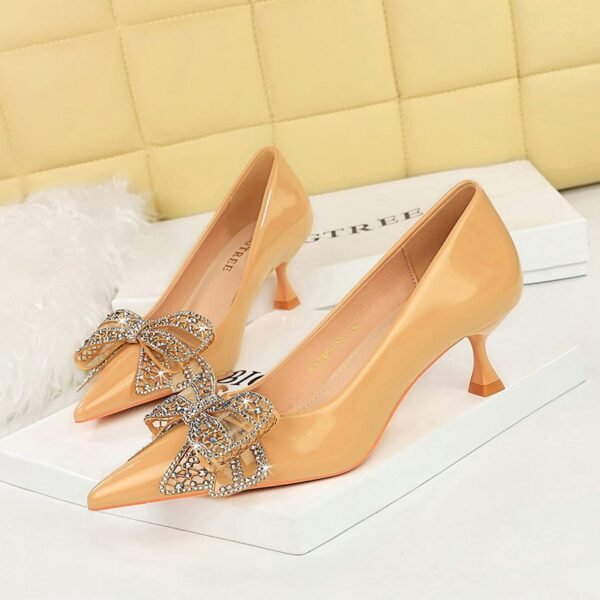 16ca27c3ab9196121cbb35e2c696c3ea BIGTREE SHOES 1961-H39 European and American Banquet Women's Shoes Small Stiletto Heel Mid Heel Patent Leather Shallow Mouth Pointed Toe Rhinestone Bow Pumps Women's Shoes