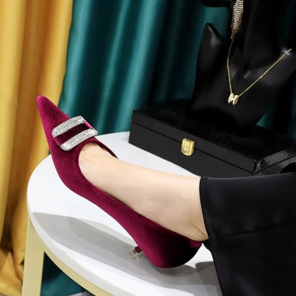 BIGTREE SHOES 237-K76 European and American Banquet Women's Shoes Middle Heel Fine Heel Thick Suede Shallow Mouth Pointed-Toe Metal Rhinestone Buckle Women's Shoes