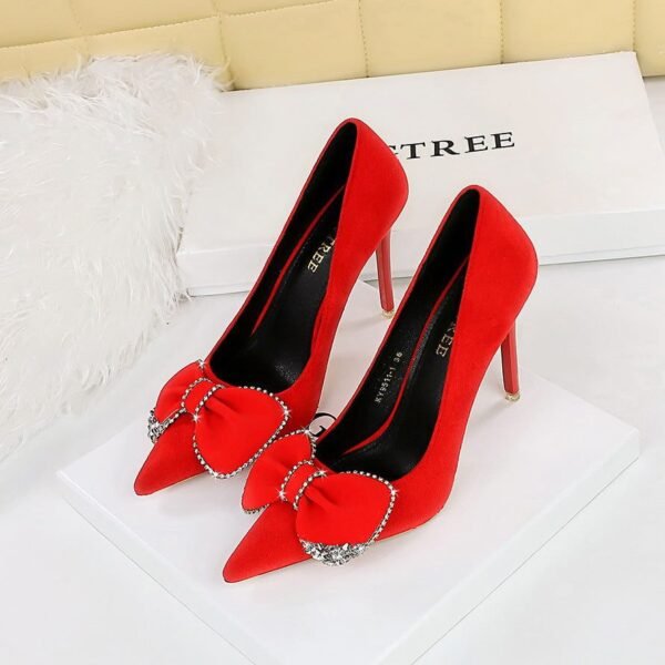 BIGTREE SHOES 9511-h31 Light Luxury Banquet High Heels Stiletto Suede Shallow Mouth Pointed Toe Rhinestone Bow Super High Heel Shoes Women