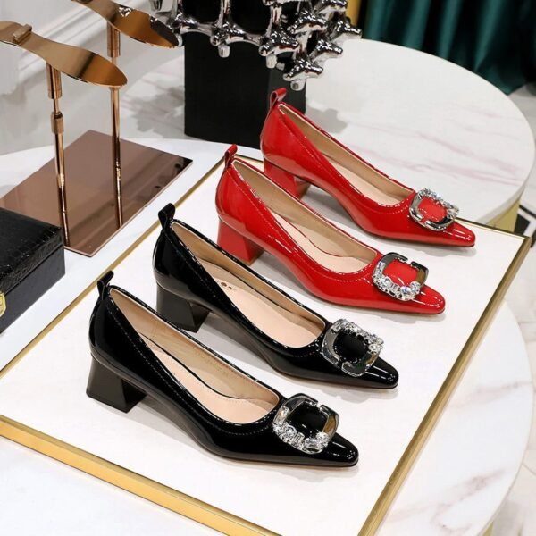 BIGTREE SHOES 1235-K52 European and American Style Banquet Women's Shoes Patent Leather Low-Cut Pointed-Toe Metal Rhinestone Belt Buckle Mid Heel Chunky Heel Shoes