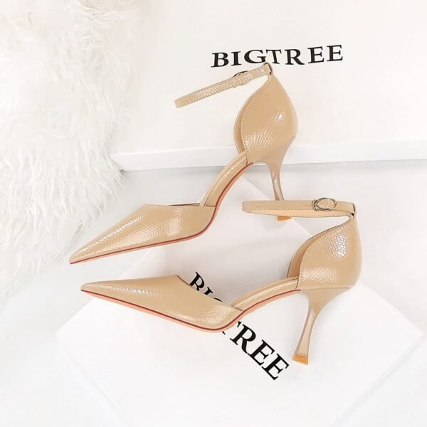 8323-5 European and American Banquet High Heel Low-Cut Pointed Toe Shiny Patent Leather Solid Color Snake Pattern Hollow Hollow-out Strap Sandals BIG TREE SHOES