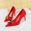 BIGTREE SHOES 18249-AK68 Thin Heel High Heel Satin Shallow Pointed Toe Metal Bowknot Single Shoes