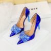 BIGTREE SHOES 18188-H27 European and American Banquet High Heels Light Luxury Women's Shoes Shallow Mouth Pointed Toe Side Hollow Rhinestone Bow Pumps