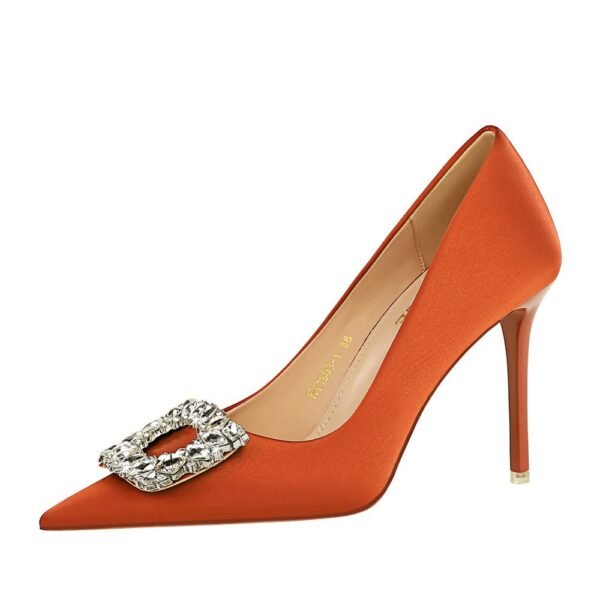 Big Tree Shoes 1983-K1 European and American Style Spring and Autumn Banquet High Heels Women's Shoes Super High Heel Shallow Mouth Pointed Toe Satin Rhinestone Buckle Pumps