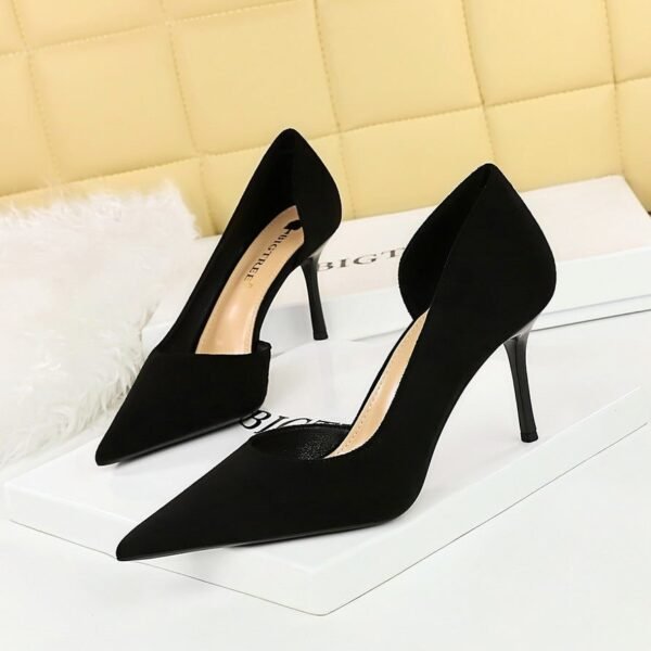 BIG TREE SHOES 8237 Korean Style Fashionable Simple Stiletto Heel Women's Shoes Slim Suede Shallow Mouth Pointed Toe Side Hollow Pumps High Heel