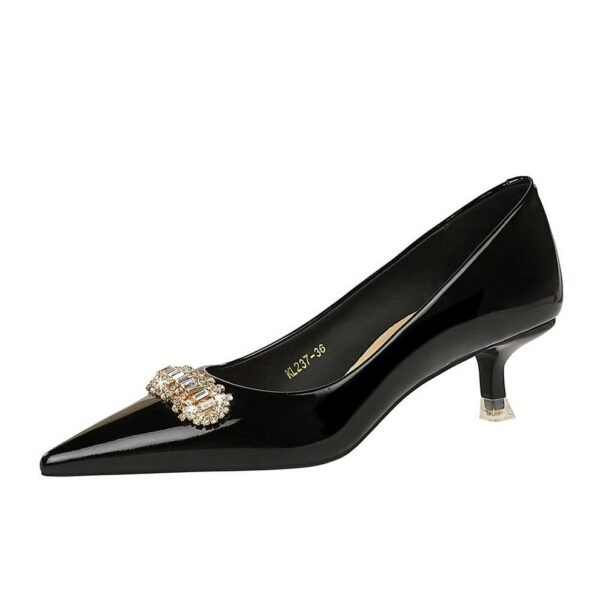 BIGTREE SHOES 237-K31 European and American Style Banquet Women's Shoes Stiletto Mid-Heel Patent Leather Low-Cut Pointed Toe Rhinestone Metal Decoration Pumps Female