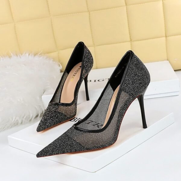 1858e822027e2f6eac378741cfc266ce BIG TREE SHOES 1963-2 European and American Fashionable Figure Flattering High Heels Stiletto Heel Shallow Mouth Pointed-Toe Hollowed Lace Mesh Women's Thin Shoes