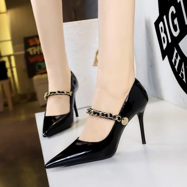 198dad3108ad1690ca122b686e4b959f BIGTREE SHOES 3265-3 European and American Style High Heels Women's Shoes Stiletto Heel Patent Leather Low-Cut Pointed-Toe Metal Chain Ankle-Strap Shoes