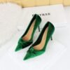 3391-27 European and American Fashion Banquet High Heel Shoes Stiletto Heel Shallow Mouth Pointed Toe Xi Shi Suede Bow Pumps