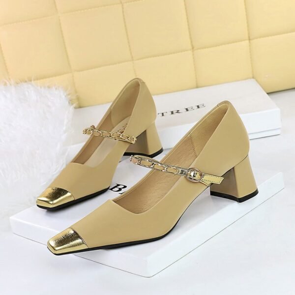 BIGTREE SHOES 5288-7 French Mary Jane Women's Classy Shoes Mid Heel Chunky Heel Low-Cut Color Matching Square Head Metal Chain Ankle-Strap Shoes