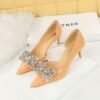 BIG TREE SHOES 638-Ah20 Korean Style Banquet Women's Shoes High Heel Low-Cut Pointed Toe Side Hollow Rhinestone Bow Pumps Women's High Heels