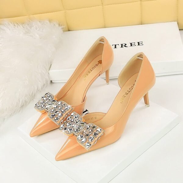 BIG TREE SHOES 638-Ah20 Korean Style Banquet Women's Shoes High Heel Low-Cut Pointed Toe Side Hollow Rhinestone Bow Pumps Women's High Heels