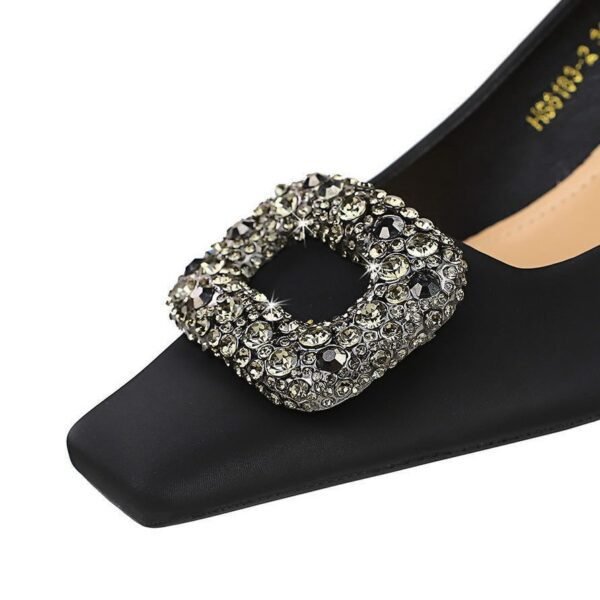 Bigtree Shoes 633-2k83 European and American Style All-Match Banquet Women's Shoes Stiletto Heel Shallow Mouth Square Toe Metal Buckle Rhinestone Buckle Single