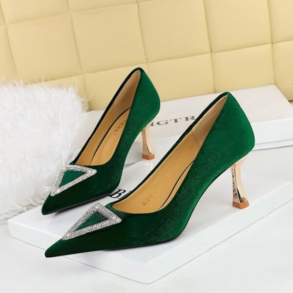BIGTREE SHOES 1818-K36 European and American Style Banquet High Heels Thickened Suede Shallow Mouth Pointed Triangle Metal Rhinestone Buckle Shoes