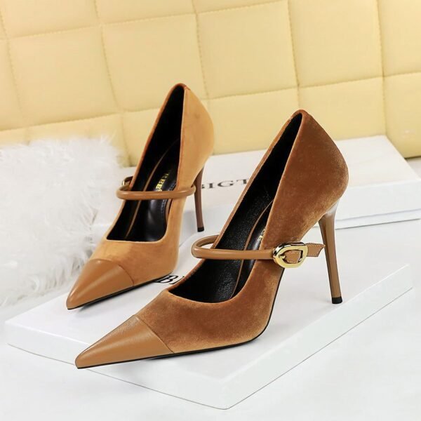 Bigtree Shoes 9116-1 Banquet High Heels Stiletto Heel Shallow Mouth Pointed Xi Shi Suede Stitching Pointed Toe Metal Buckle Ankle-Strap Shoes