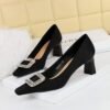 BIGTREE SHOES 6186-k32 European and American Style Banquet Women's Shoes Comfortable Thick Heel High Heel Low-Cut Square Head Satin Metal Rhinestone Buckle Pumps