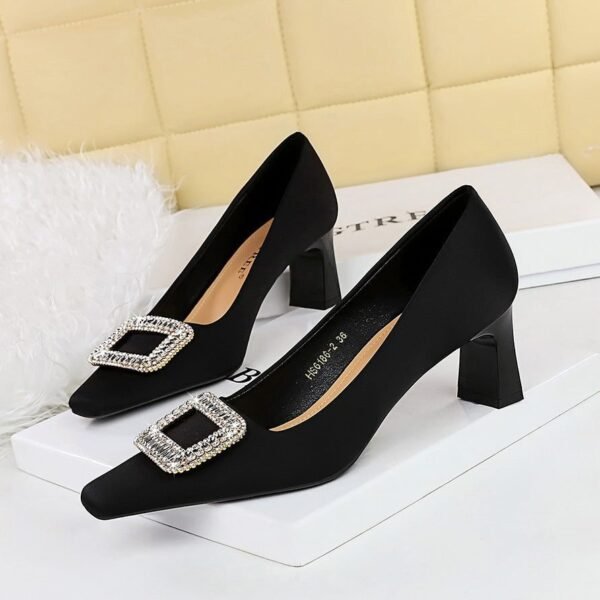 BIGTREE SHOES 6186-k32 European and American Style Banquet Women's Shoes Comfortable Thick Heel High Heel Low-Cut Square Head Satin Metal Rhinestone Buckle Pumps