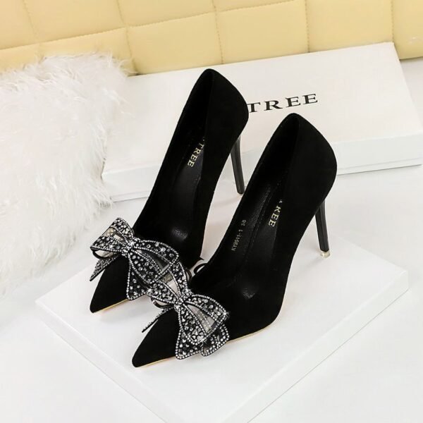 Bigtree Shoes 9511-h39 Korean Style Banquet High Heels Stiletto Heel Suede Shallow Mouth Pointed Toe Rhinestone Bow Women's Shoes