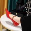 BIGTREE SHOES 237-22 European and American Style Banquet Women's Shoes Mid Heel Shiny Patent Leather Low Mouth Pointed-Toe Metal Chain Ankle-Strap Shoes Women