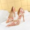18185-5 European and American Style Stiletto Heel Cloth Shallow Mouth Pointed Side Hollow High Heels Pumps